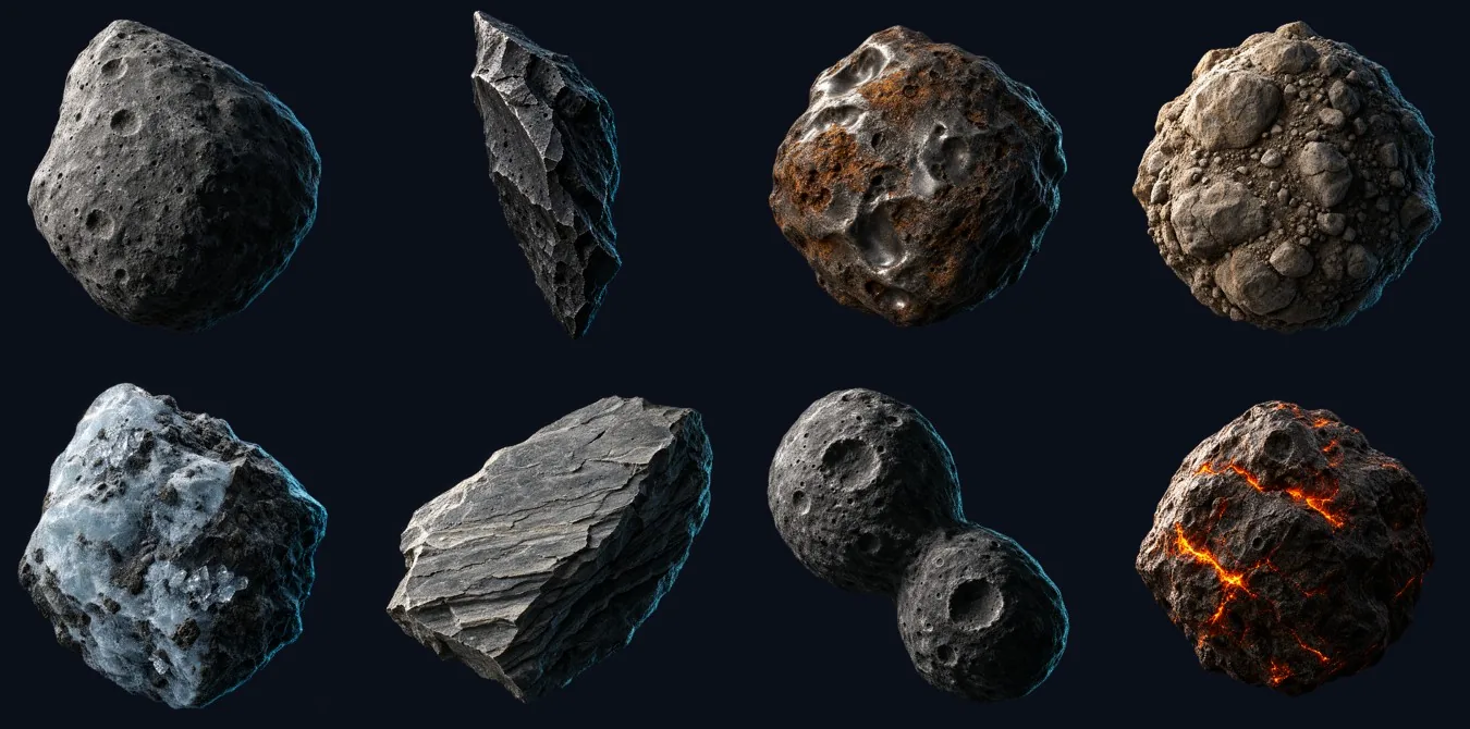 Eight generated asteroid sprites (transparent).