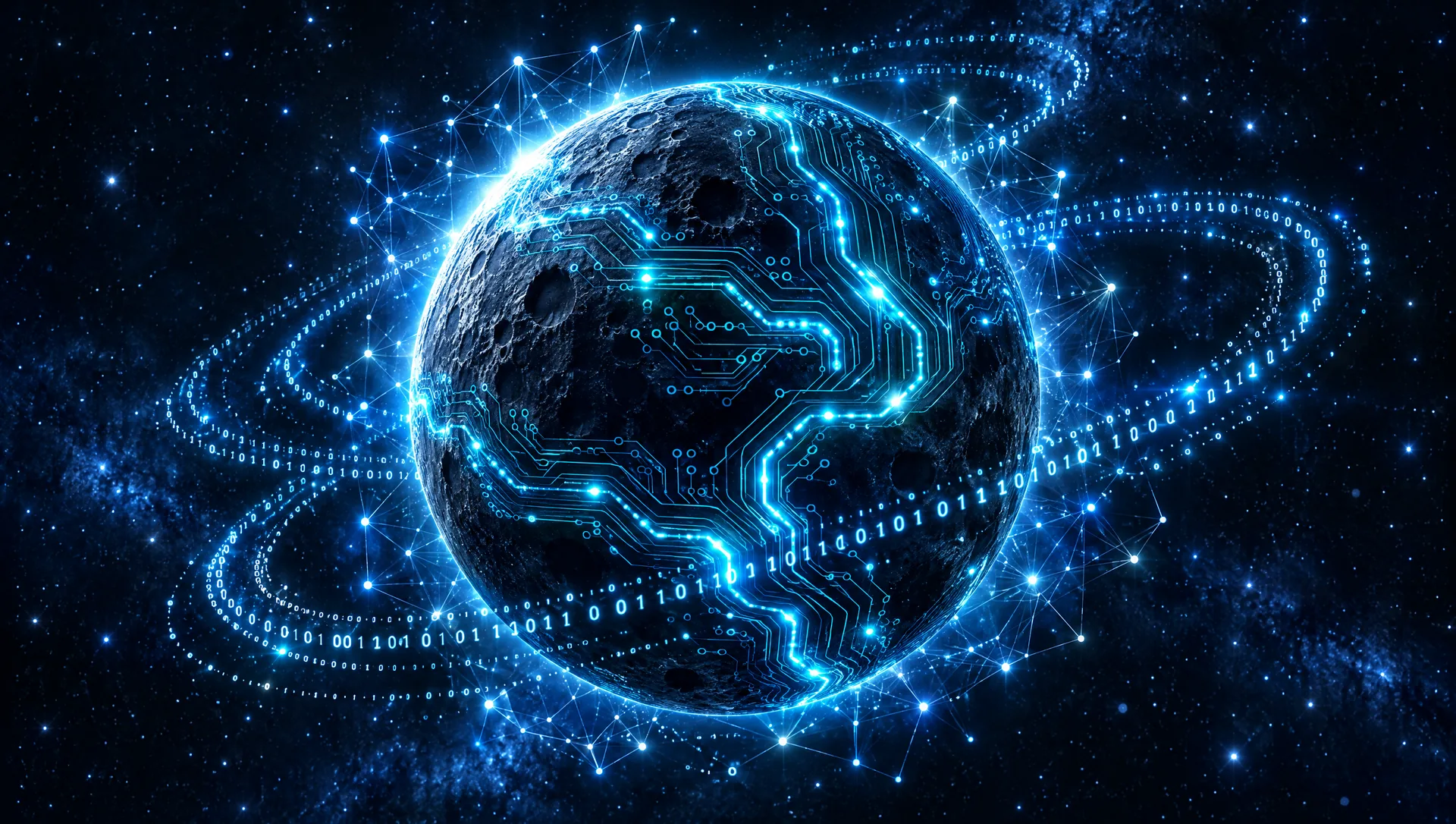 Concept frame for the AI moon, before Louis redirected it toward a chrome tech planet.