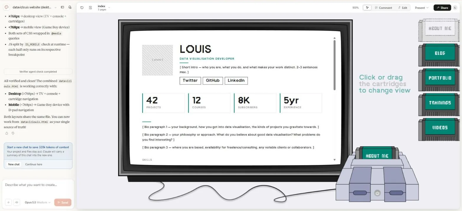 Claude Design: the desktop build on Louis's Figma TV, console and cartridges.