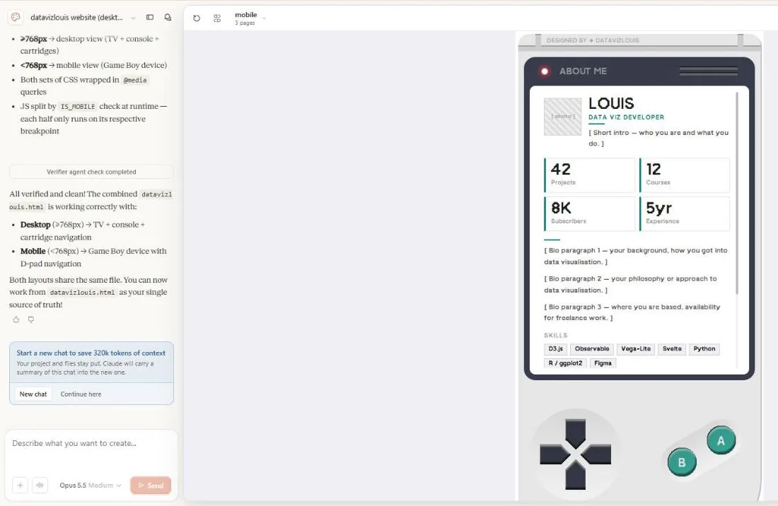 Claude Design's mobile.html: the Game Boy screen and D-pad.