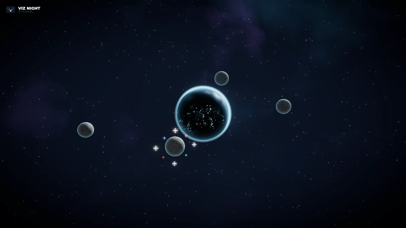 After feedback: an angled view from above (about 30°), Earth centred, orbits on a diagonal.