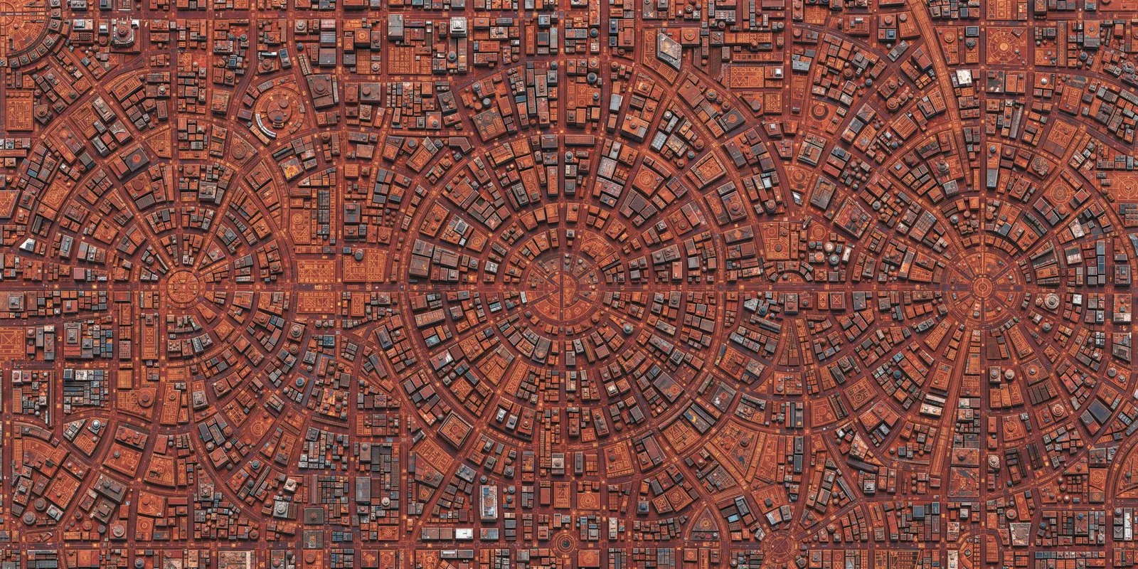 Generated reddish city-planet surface (seam fixed, glyph glow extracted).